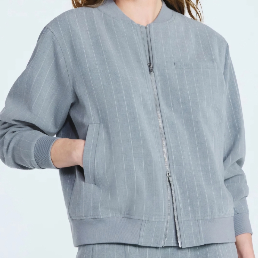 Light Gray Pinstripe Bomber Jacket with Ribbed Trim